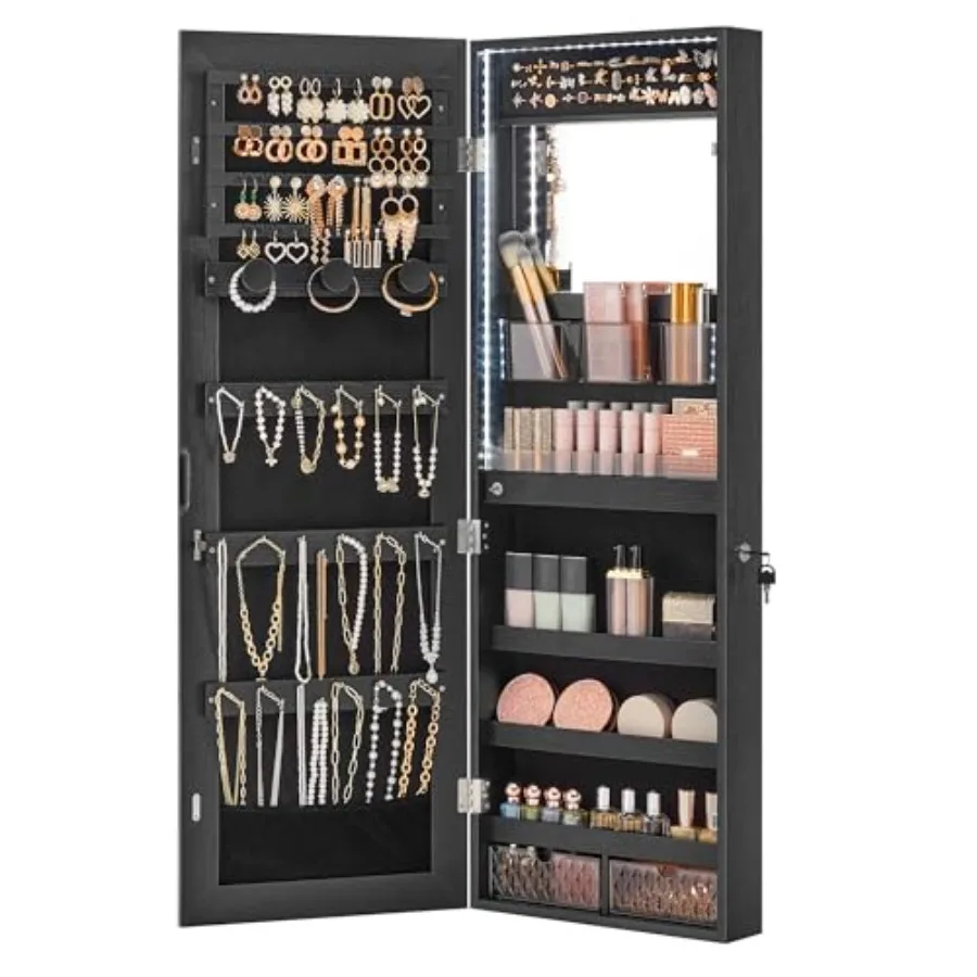 

Шкаф для ювелирных изделий Органайзер со светодиодной подсветкой Настенный шкаф для хранения с бескаркасным зеркалом в полный рост Встроенный Makeu