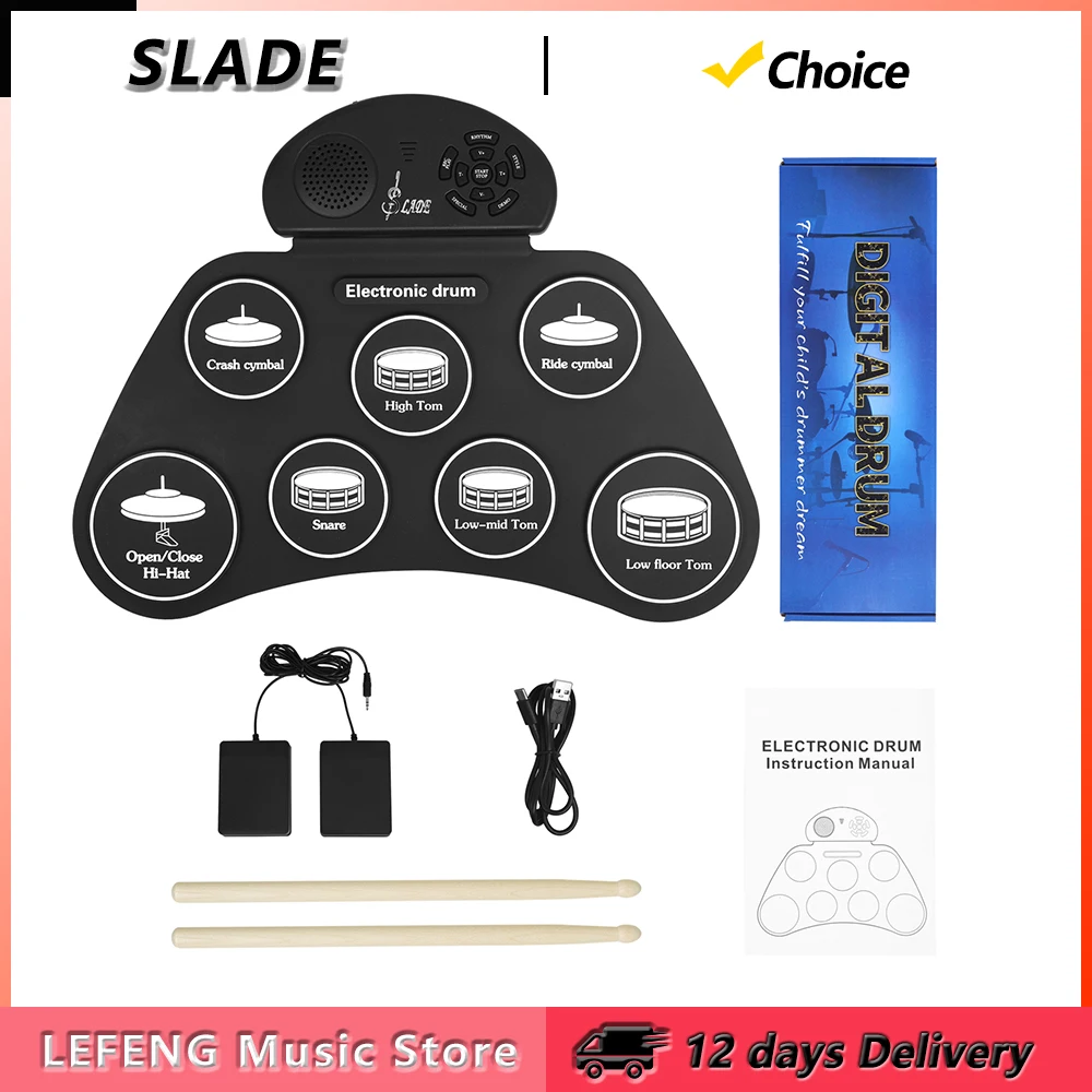 slade-sd-7-electronic-drum-set-7-pads-hand-roll-drum-percussion-instrument-usb-battery-powered-with-drumsticks-foot-pedals