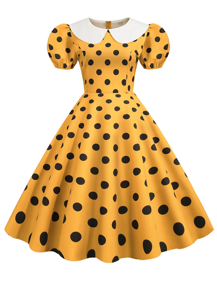 Black Polka Dot Printed Vintage Dress Women Summer Y2K Retro 50s 60s Pin Up Rockabilly Party Dress Robe Vestidos