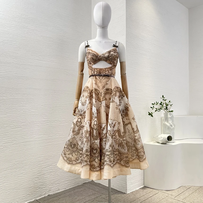 

Beach Style Overlap Pleat Design 2025 New Elegant Floral Print Linen Silk Cut Out Strapless Women Spaghetti Waist Midi Dress