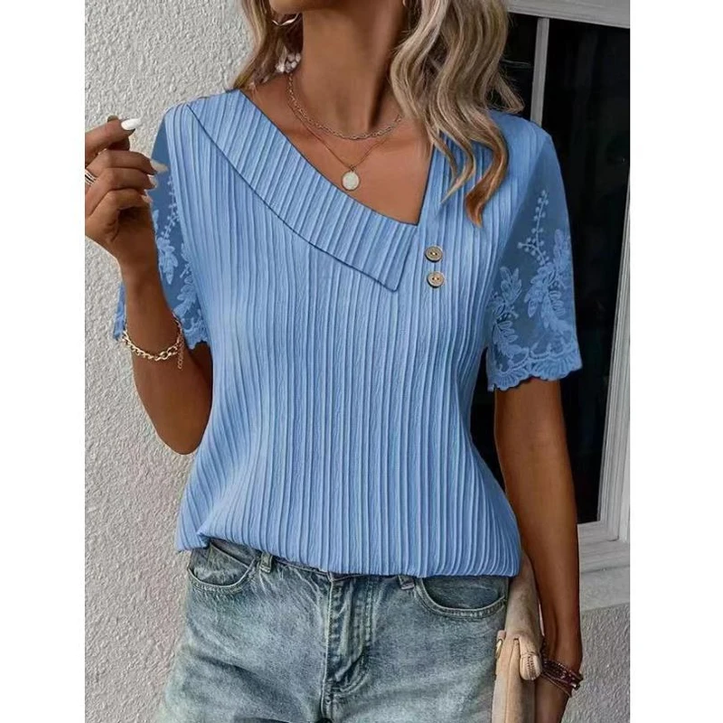 Women\'s Casual Skew Collar Lace Short Sleeve T-shirt, Simple Buttons Loose Shirts, Elegant Blouses, Summer