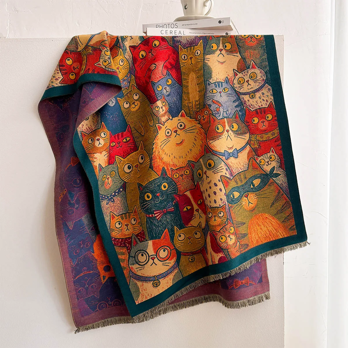 Vintage Oil Painting Cat Print Women Large Shawl Faux Cashmere Warm Tassel Wrap Bufanda Chal Artistic Blanket Scarf For Winter
