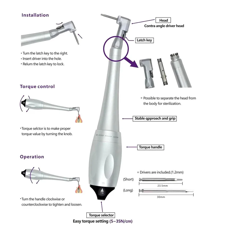 ユニバーサルデンタルインプラントレンチ,5-35ドライバー,2.35mm,ラッチタイプビット,リンデンアングル,インプラントキット