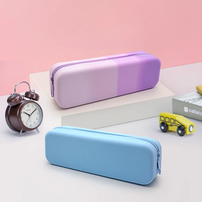 Creative Student Gradient Color Rectangular Silicone Texture Pen Bag Office Learning Stationery Storage Bag Supplies