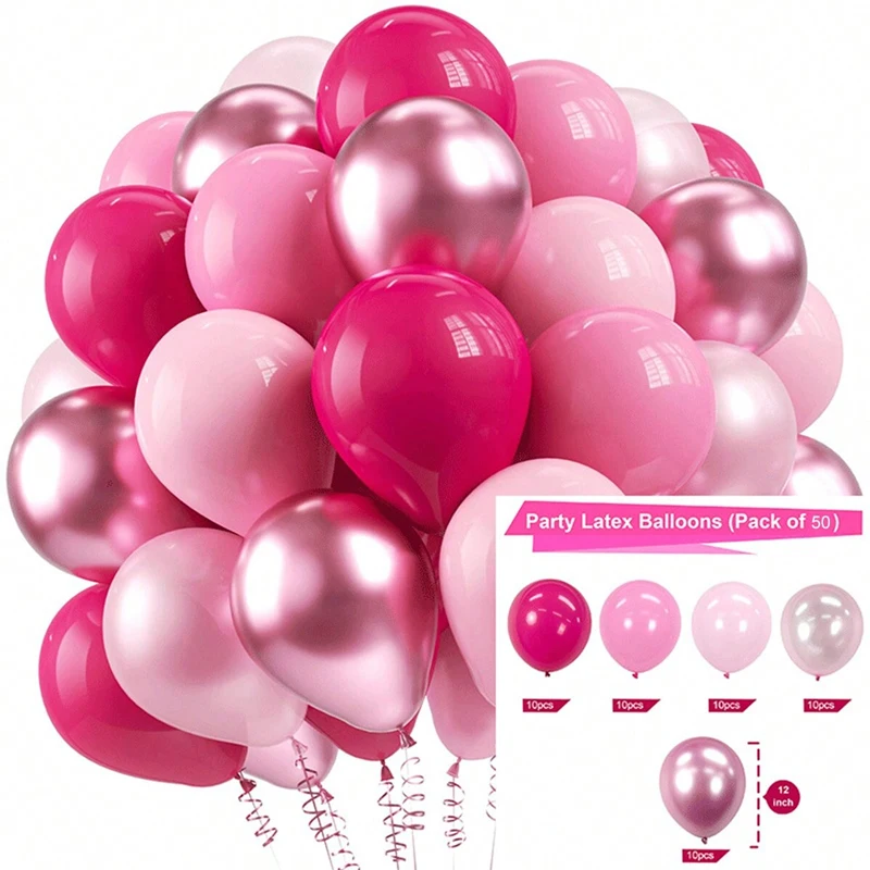 50Pcs Sparkling Metal Pink Latex Balloons - Wedding, Birthday, Anniversary Decoration