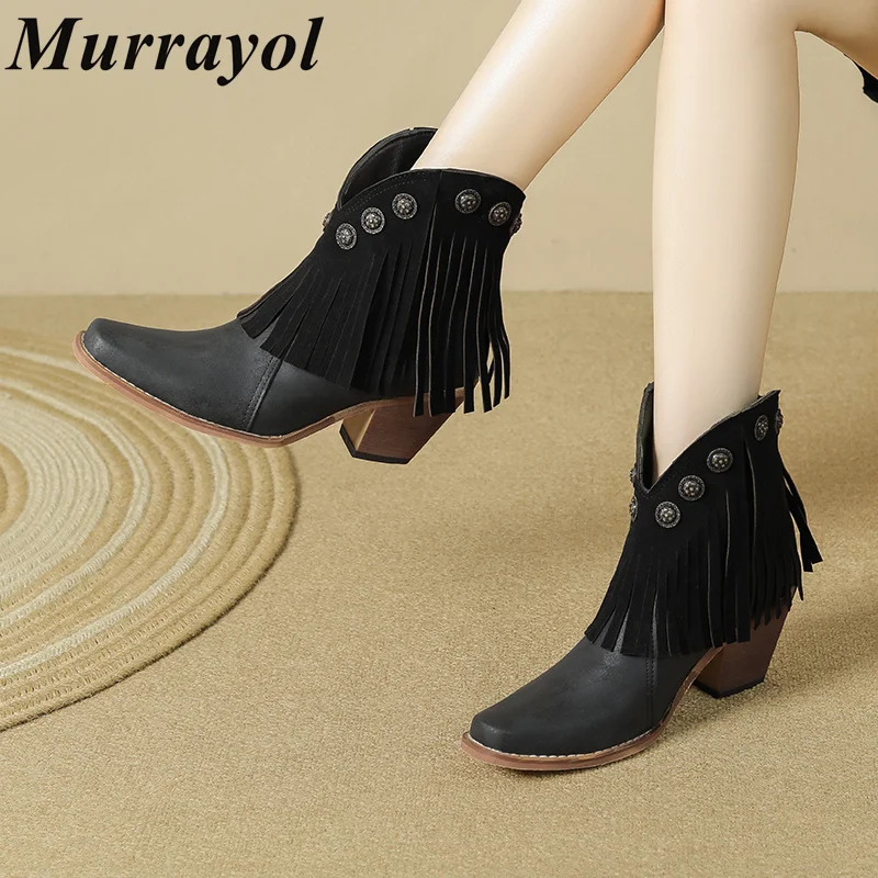 

Solid Color Tassel Decoration Short Botas Women Round Toe Cow Suede Thick Heels Ankle Boots Autumn Winter Fashion Modern Boots