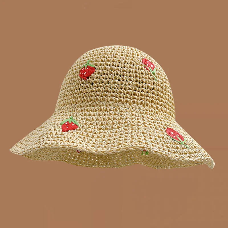 Cute Strawberry Pattern Foldable Woven Premium Quality Crochet Sun Bucket Hats for Women Fashionable Handmade Knitted Straw Hats