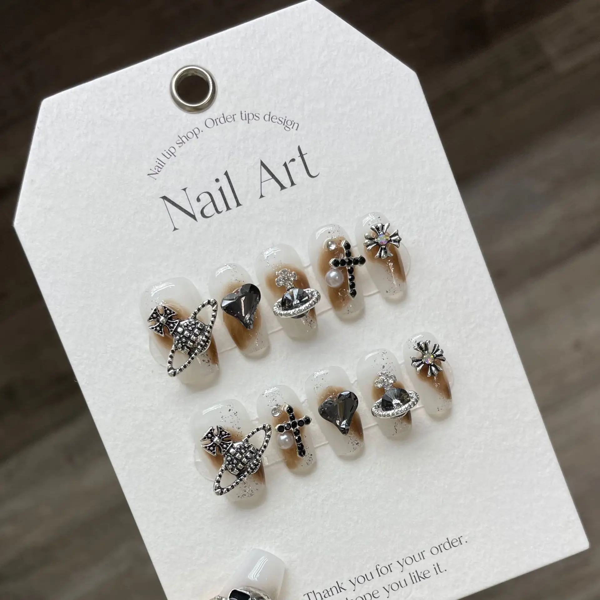 

10 PCS Luxury Handmade Press on Nails Short Trapezoid Punk Planet Design False Nails with 4-PIECE Tool Adhesive Nail Glue Tabs