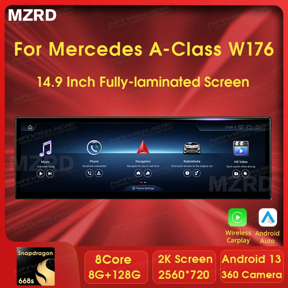 MZRD 14.9 Inch Android 13 Car Radio Stereo For Mercedes Benz A Class W176/GLA C117 2013-2018 Auto GPS Carplay Smart Car Systems\