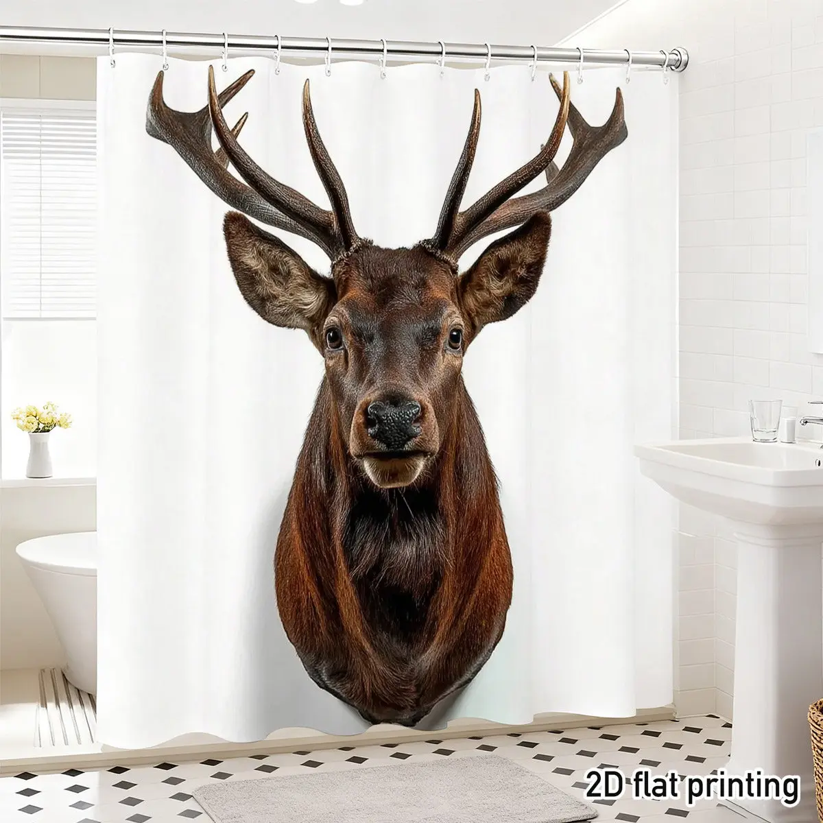 Duschvorhang mit Hirschkopf, realistischer Hirschgeweih-Druck, wasserdichtes Polyester, rustikale Badezimmerdekoration für Naturliebhaber