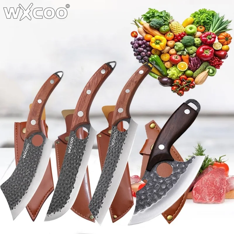 WXCOO-Juego de cuchillos de cocina de acero inoxidable, 1 ~ 4 Uds., cuchillo de carnicero forjado hecho a mano, deshuesado, fruta, cuchillo de carnicero, tabla de cortar