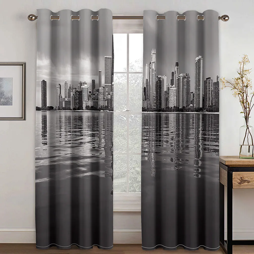 Modern City Street Night Scenery Black and White 2 Pieces Free Shipping Thin Window Drapes Curtain for Living Room Bedroom Decor