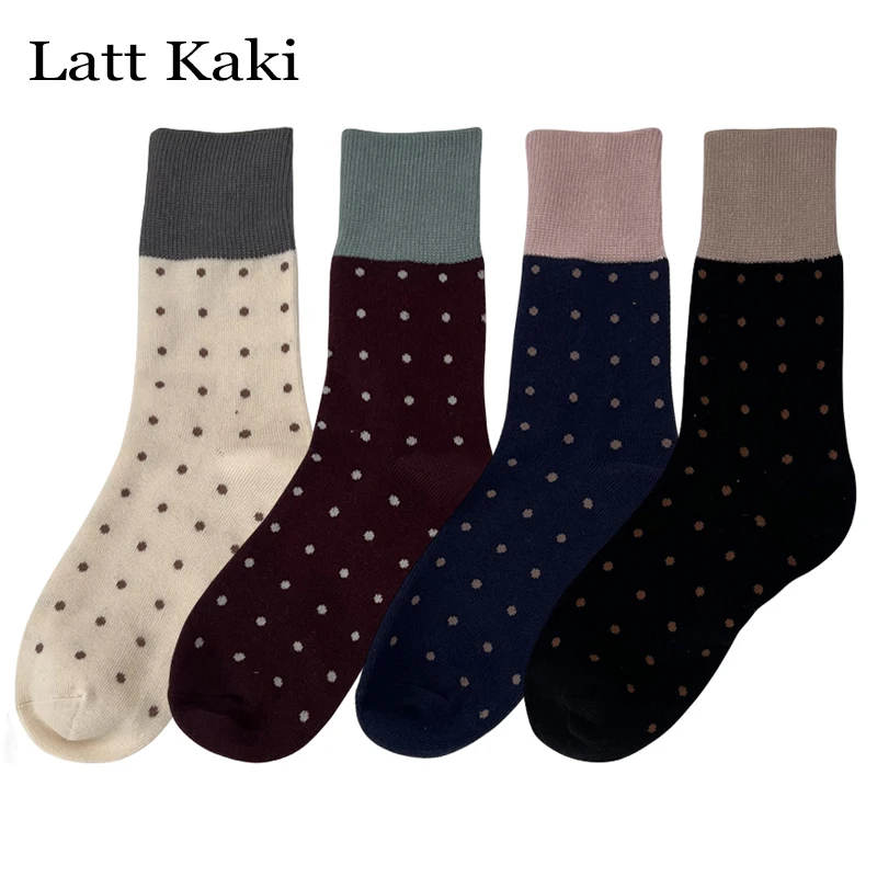 4 Paar Damessokken Katoen Nieuwe Gemengde Mode Japanse Stijl Losse Sokken Retro Dots Casual Dames Crew Sokken Absorberen Zweet