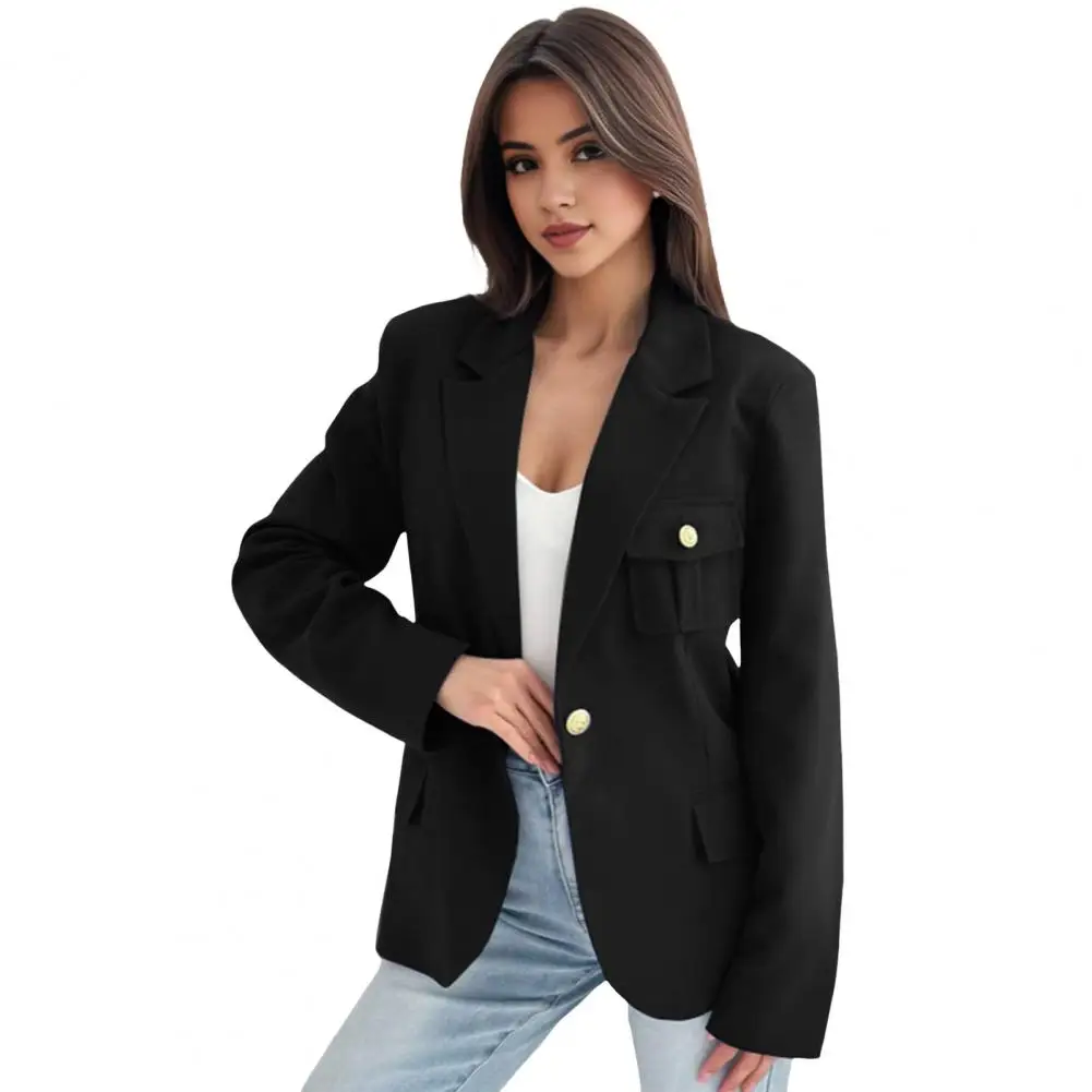 Casaco de terno feminino elegante lapela terno casaco para mulher com bolsos de aba único botão fechamento elegante senhora do escritório outwear para um