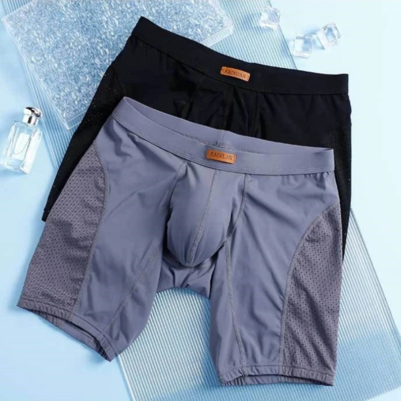 Men Boxers Sports Breathable Extended Long Underwear Summer Quick-Drying Ice Silk Mesh Panties Separate Pouch Crotch Underpants