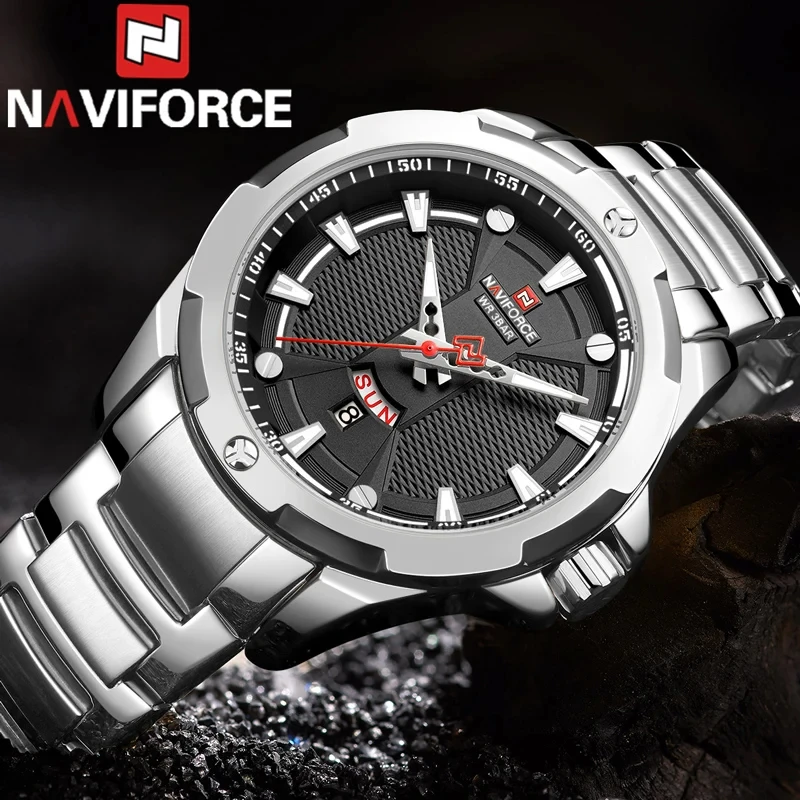 NAVIFORCE Men Business Quartz Wristwatch Silver Stainless Steel Sport Military Date Week Waterproof Male Clock Relogio Masculino