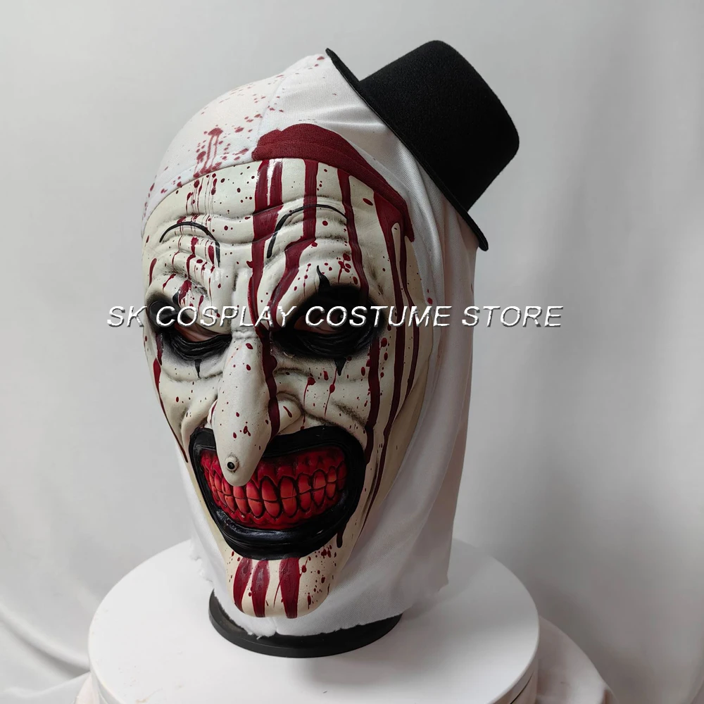 Scary Terrifier 3 Clown Cosplay Mask with Hat Men Christmas Halloween Party Bloody Latex Masks Horror Haunted House Decor Props