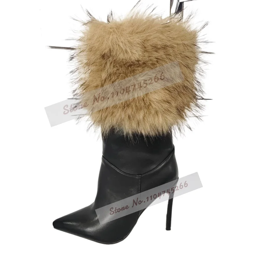 Mulheres pele macia botas de salto alto tornozelo preto fosco couro retalhos botas de pelúcia elelgant outono inverno sapatos de vestido peludo