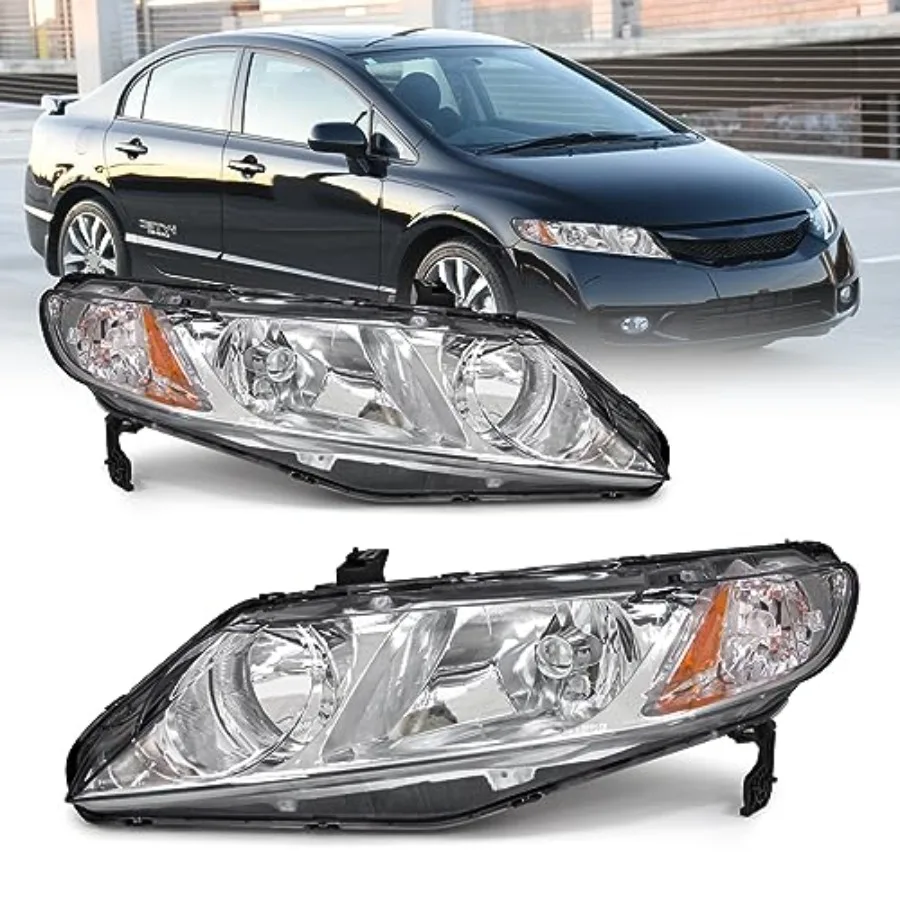 

Headlight Assembly Compatible with 2006-2011 Honda Civic 4-Door Sedan Chrome Housing Amber Reflector Replacement for 2006 2007