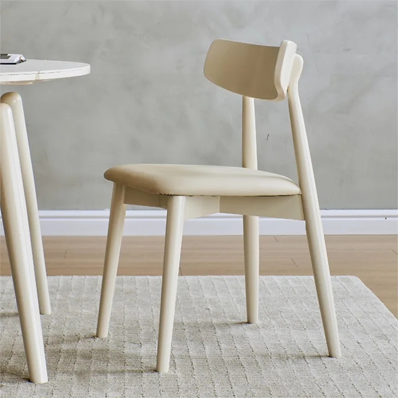 Nordic Cream Style Dining Chair Household Solid Wood Stool Modern Simple Leather Art Furniture White Light Luxury Makeup Chair