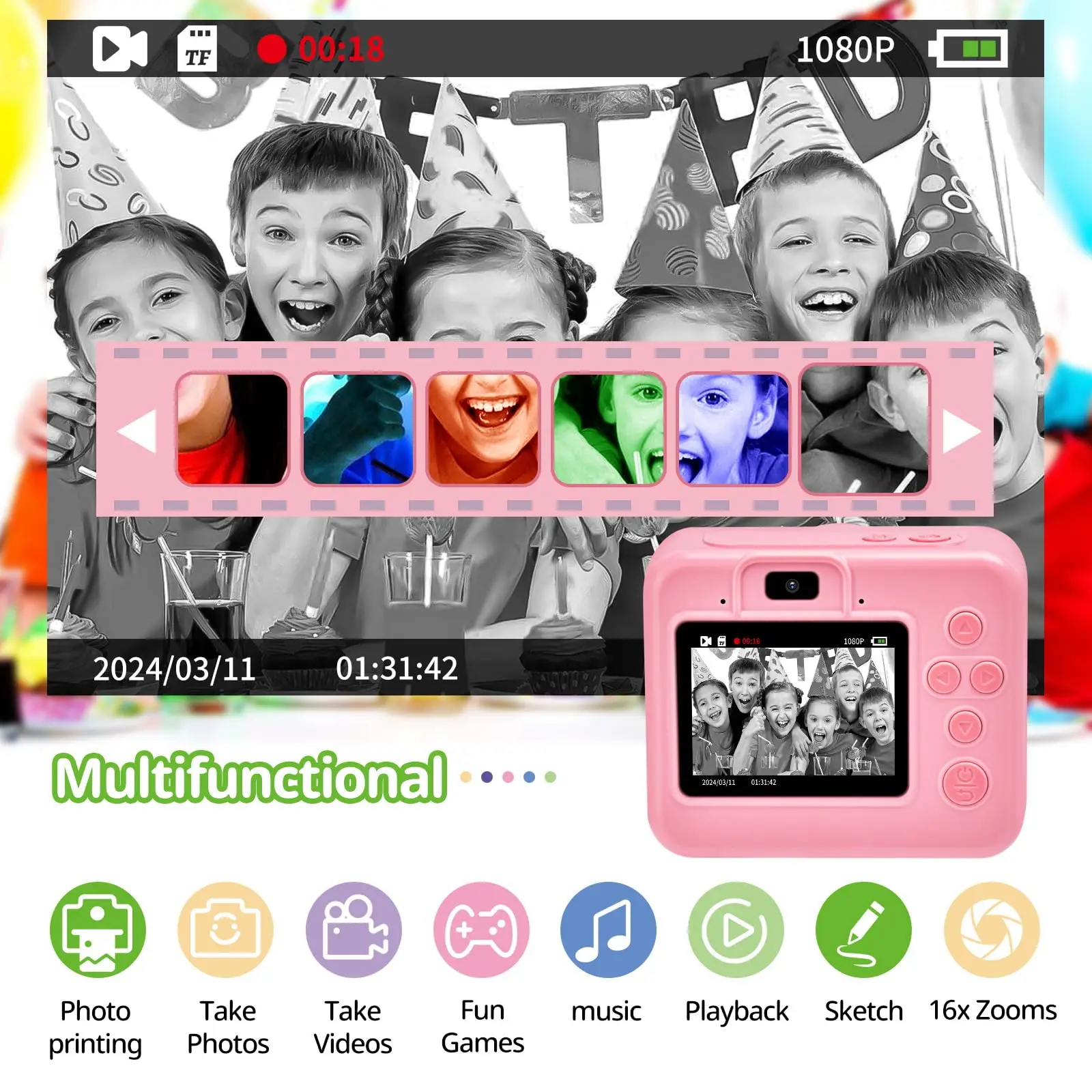 Appareil Photo numérique à impression instantanée pour enfants, jouets pour tout-petits, 1080P, 2.4 pouces, impression thermique, jeux Photo, cadeaux pour garçons et filles