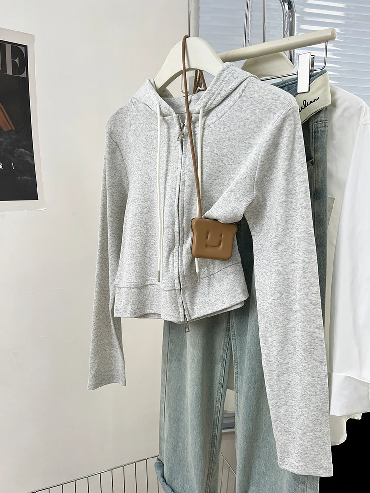 

Fashion Versatile Hooded Long Sleeve Tops Women Autumn New Elegant Chic Solid Color Zip Up Jacket Casual Sweatshirts