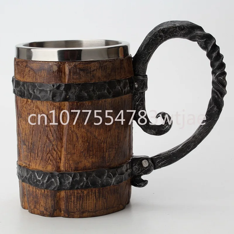 Hot selling large capacity simulated wooden cup, stainless steel inner liner, mug, large handle, natural wood shaped water cup