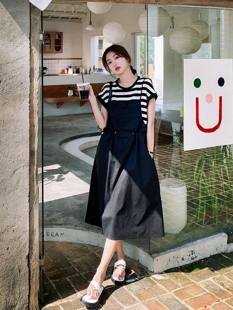 حجم كبير خمر المرقعة وهمية قطعتين الدكتور المرأة الصيف فضفاض التخسيس شريط طويل Dr مريحة عالية الخصر ألف لين... #3