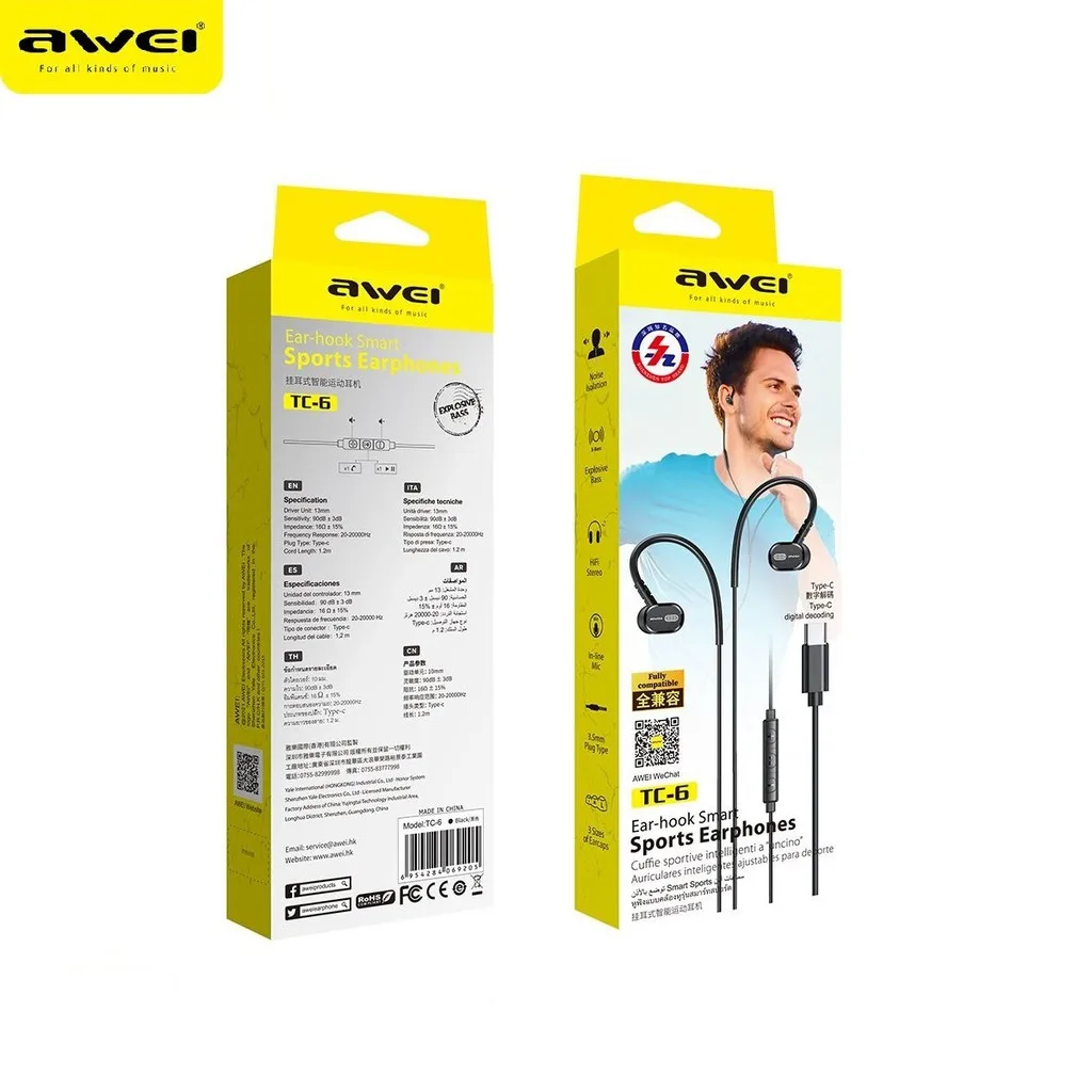 Awei TC-6 Headphone Type-c Kabel USB C Headphone Noise Cancelling Headset Warna Hitam untuk Semua Headphone Olahraga Grosir