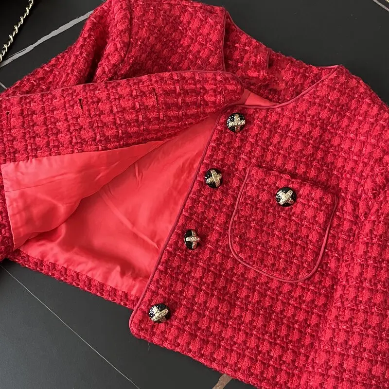 High Quality Chic Autumn Winter Red Woolen Short Jacket Coat Sweet Fashion Women O Neck Single Breasted Tweed Weave Cropped Tops