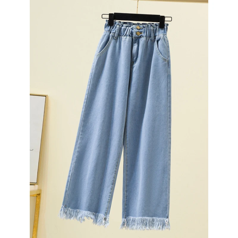 Women's Denim Pant Spring Summer Fashion High Street Solid Color High Waist Frayed Tassel Office Lady Wide Leg Jean Pants