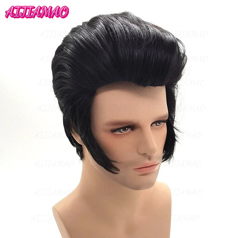 High Quality Mens Rock Singers  Aron Presley Cosplay Wig Party  Presley Black Synthetic Hair Wigs+ Wig Cap