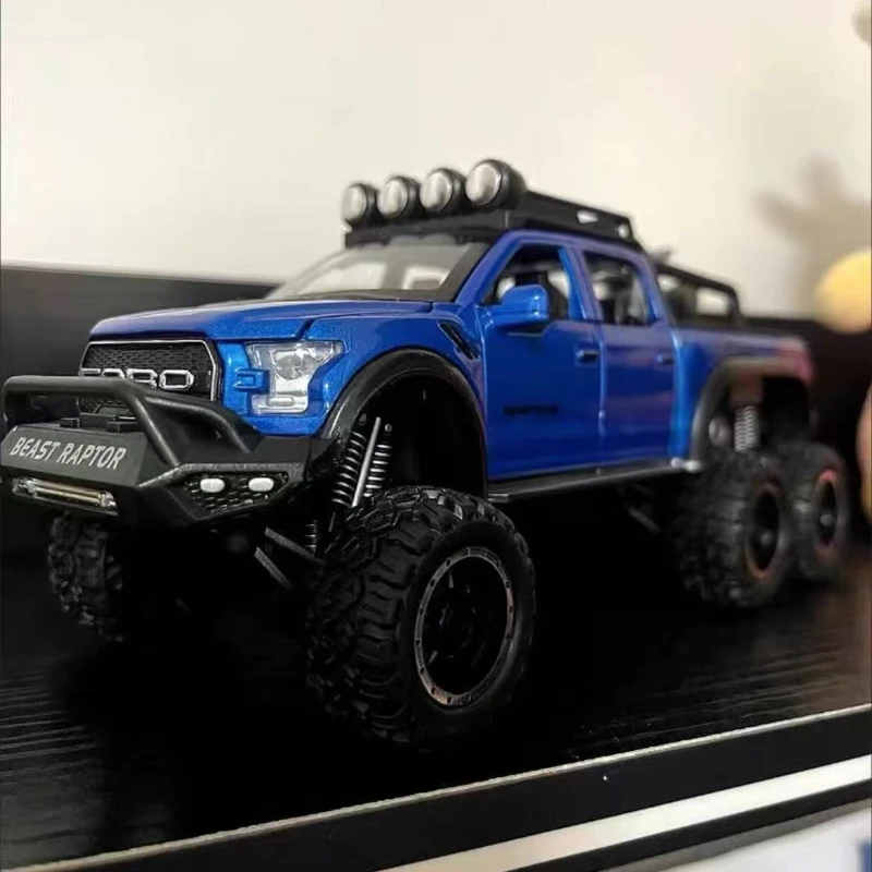 1:28 Ford Raptor F150 Big Wheel Alloy Diecast Car Model With Sound Light Pull Back Car Toys For Children Xmas Gifts