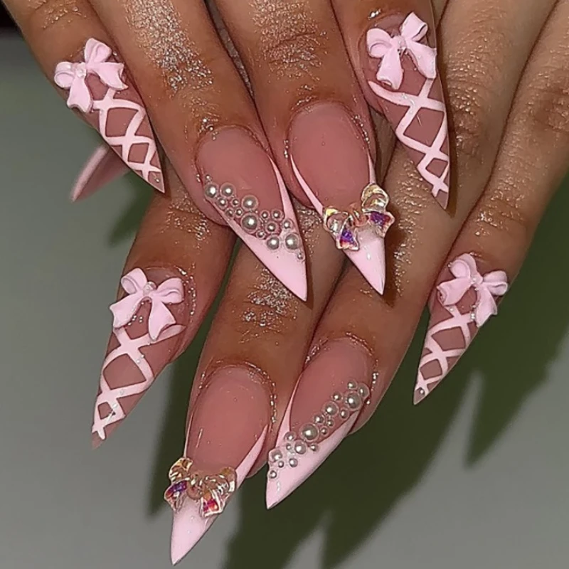 

3D Bowknot Pearl Pink French Ribbon Nail Art Pointed Almond Wearable False Nails Detachable Finished Fake Nails Press on Nails
