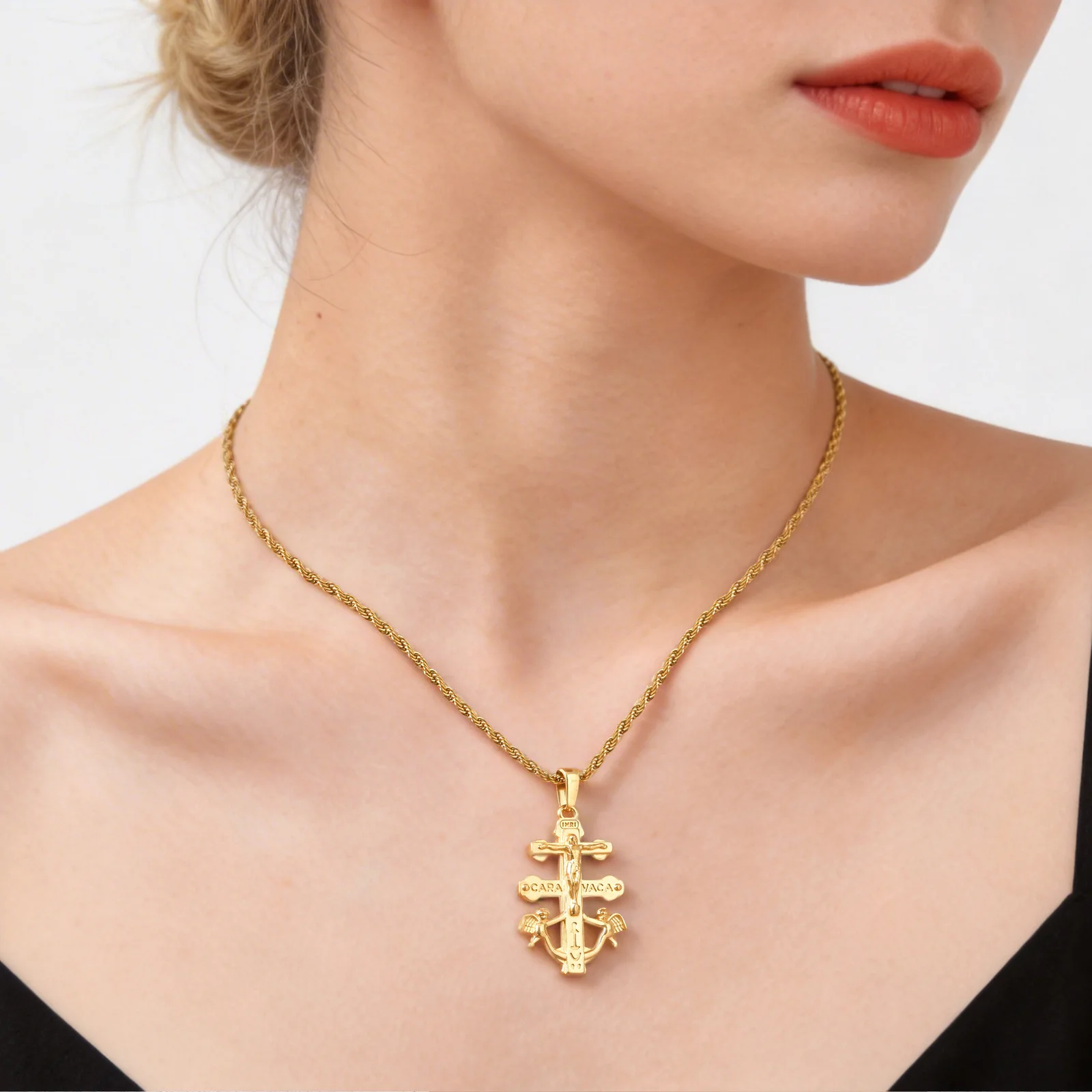 

Vnox Stainless Steel Catholic Cross Pendant Necklace Gold Plated Cross Jesus Crucifix Cherub Angel Pendant Christian Necklaces