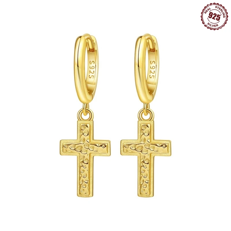 Exquisite Simple Fashion Real 100% 925 Sterling Silver Jewelry Gold cross Religious symbol Drop Earrings For Women Gifts