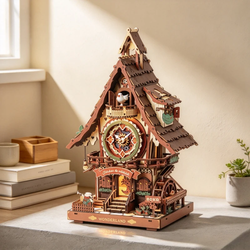 Wooden Clock Puzzle Mechanical Pendulum - DIY Wooden Cuckoo Clock 3D Assembly