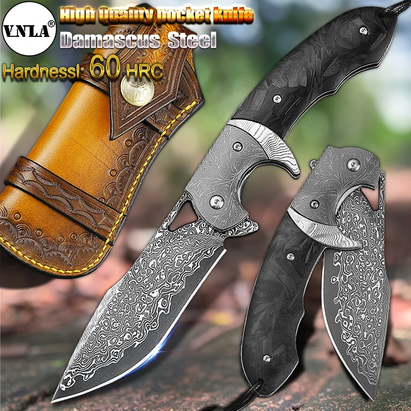 VNLA Damascus Steel Folding Sharp Fruit Knife Outdoor Camping Fishing hunting survival Cutting Tactics EDC Tool Pocket Knife