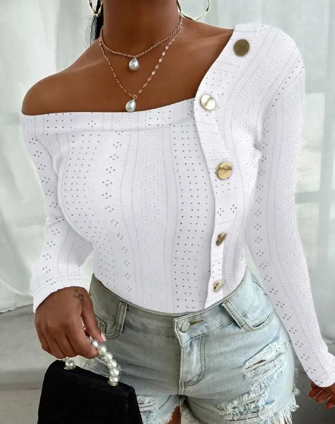 Asymmetric Neck and Eye Striking Embroidery Top 2023 New Fashion Hot Selling Women's Button Decoration