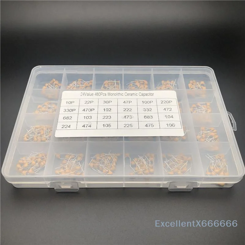 480Pcs Ceramic Capacitor Assortment Kit 24 Values 50V 10PF-10UF Through Hole for Student Electronic Lab Experiments