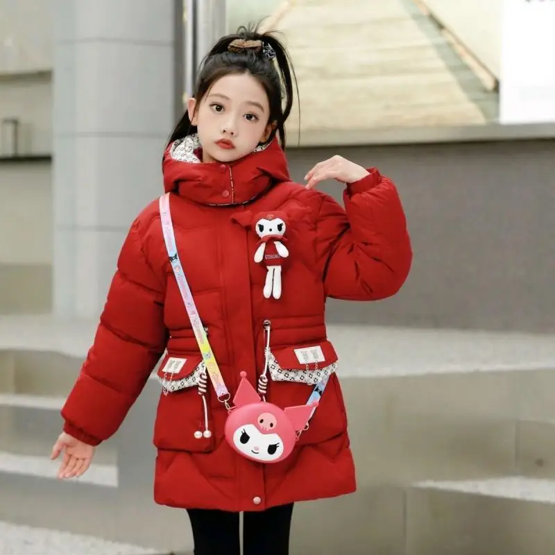 Kuromi Girl Winter Cotton Clothes Sanrios Anime Figure Kawaii Cartoon New Plus Velvet Thicken Medium Length Coat Child Clothing