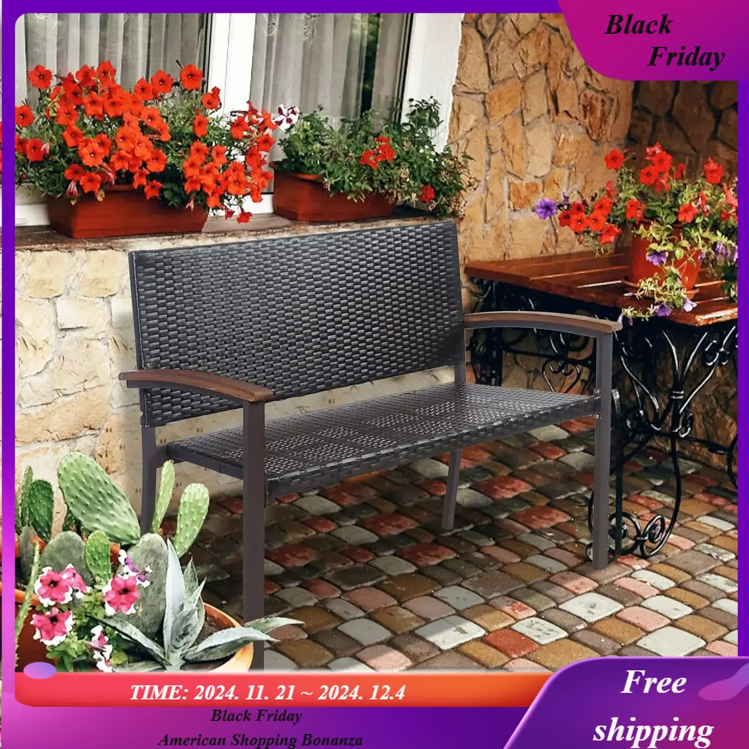 

Outdoor Stackable Bench, All-Weather PE Wicker Loveseat with Acacia Wood Armrests, Heavy Duty Metal Frame Patio Bench