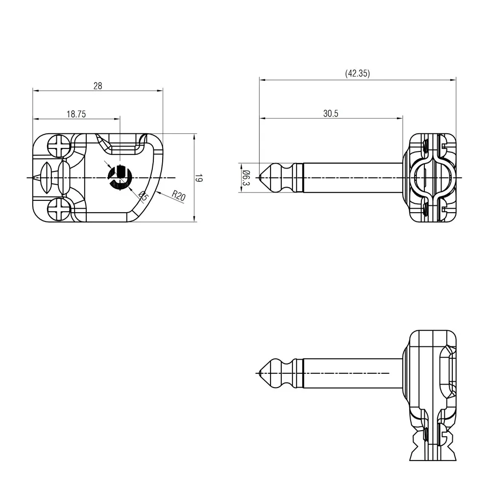 ■ Wtyczka TS Neutrik\'s REAN RP2RCF Pancake 6,35 mm, wtyczka płaska z efektami instrumentów, kąt prosty 90 stopni, wtyczka mono 1/4\