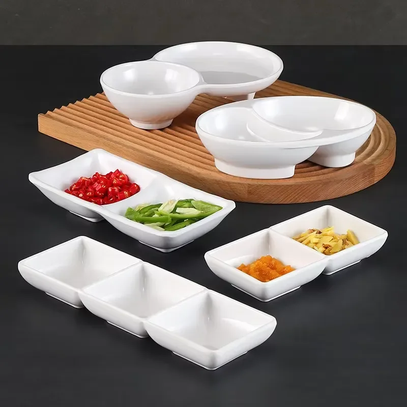 Melamine Rectangular Glazed Commercial Small Plate Snack Tray Condiment Tray Double Layer Three Grid Integrated Design