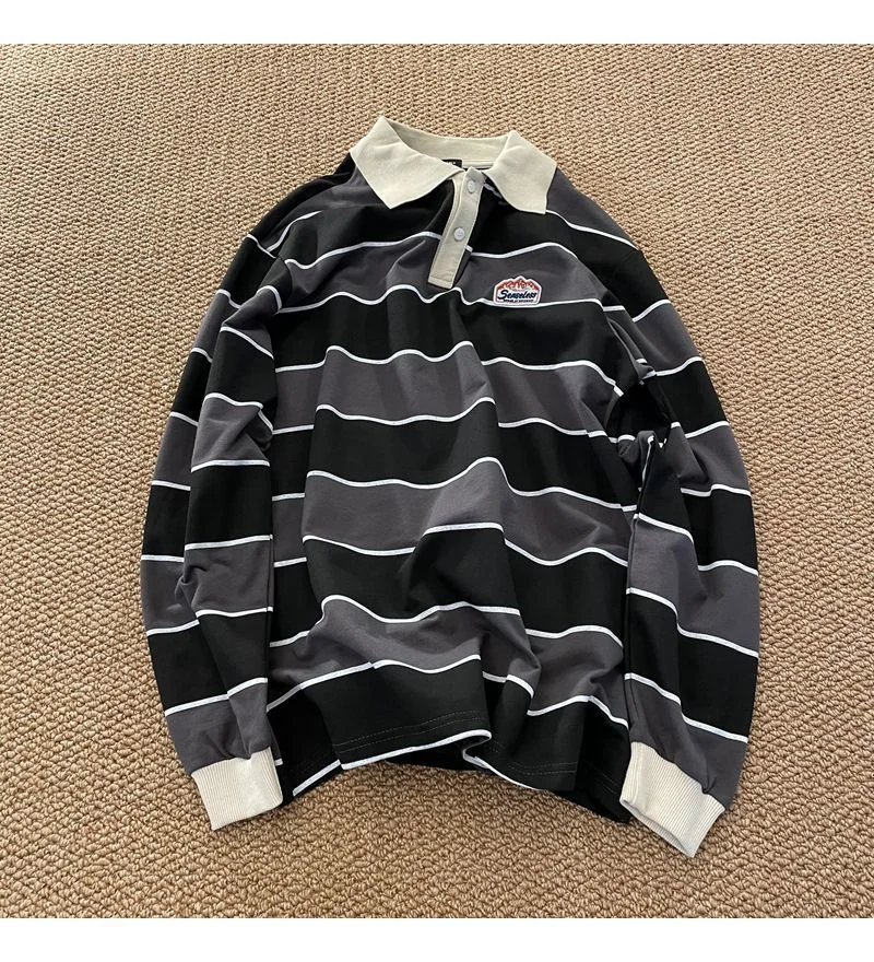 2022 Japan Retro Striped Long-sleeved POLO Shirt Top Men Women Loose Trend Couple BF Lapel Sweatshirt Preppy Hip Hop Cool Shirts