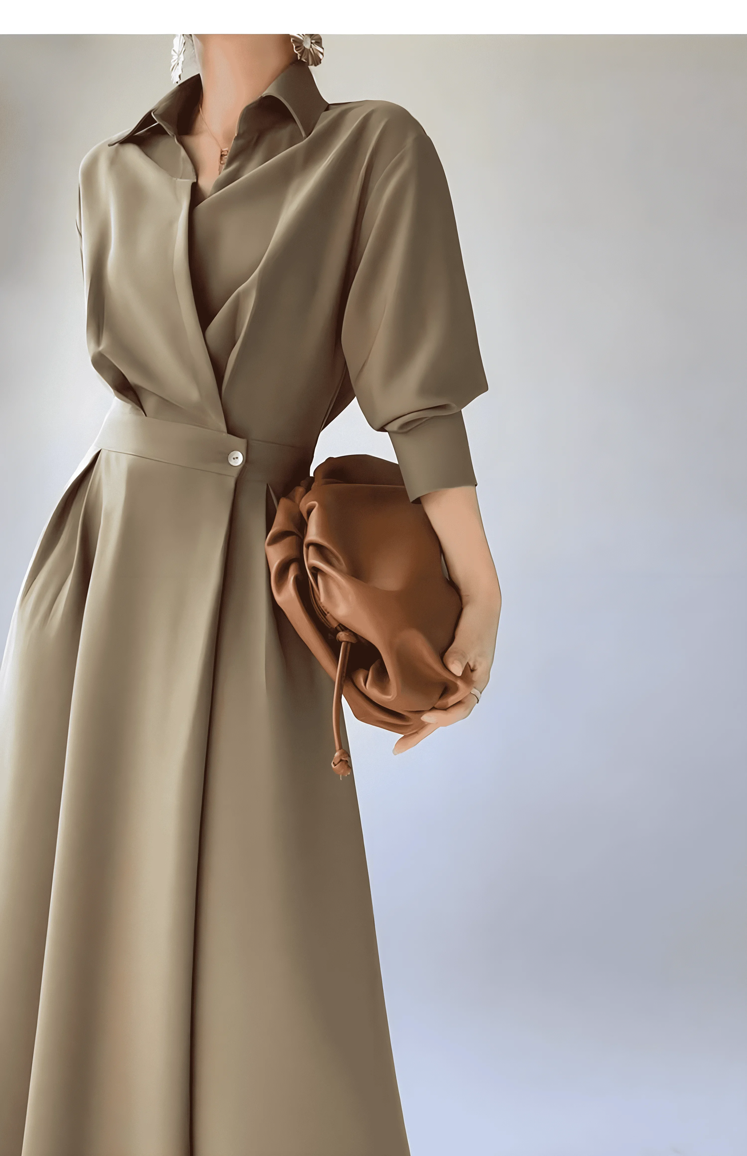 Langärmliges Revers-Hemdkleid für Damen im Frühling und Herbst, stilvolles, elegantes, einfaches koreanisches langes Pendlerkleid