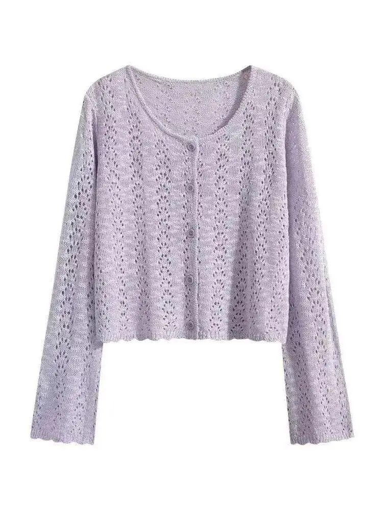 Korean Style Luxury Hollow out Loose Slim Fit Knitted Cardigan Women's Spring Elegance Long Sleeve round Neck High End Feel Top
