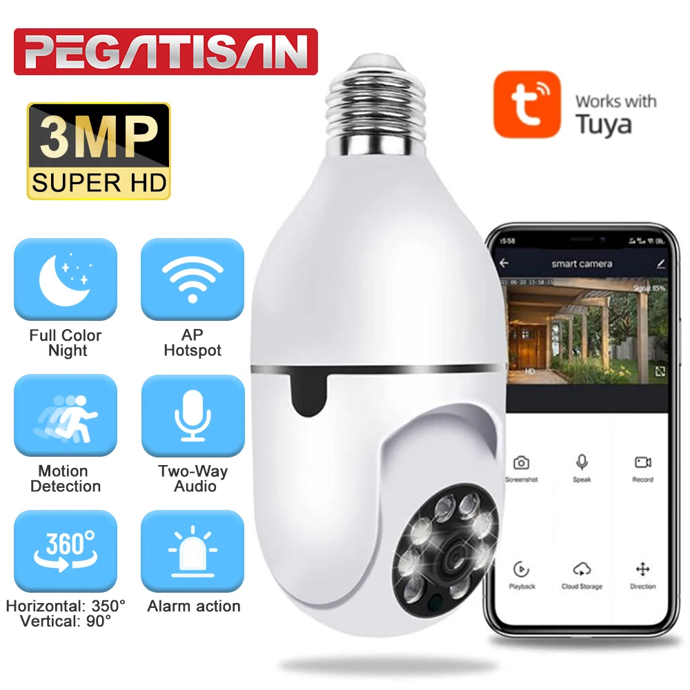 

Night Vision Surveillance Camera PTZ Control Camera Tuya E27 Bulb Camera1080P 4X Digital Zoom AI Human Motion Detect Full Color