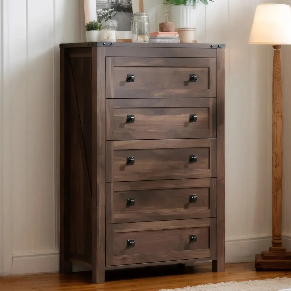 

5 Drawer Dressers for Bedroom, Adult Tall Wooden Storage Cabine with Double Handle, Chest of Drawers for Living Room Hallway