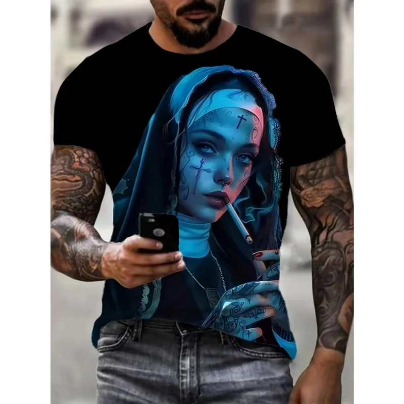 3D Printed Dark Nun T-Shirt For Men Mysterious Cool Pattern Tees Summer Casual Round Neck Short Sleeve Tops Street Tee Shirts